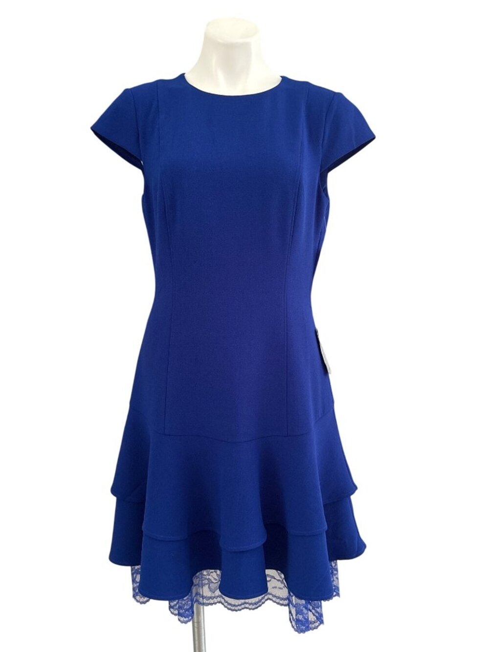 Eliza J NWT $138 Women's Blue Crepe Ruffle Lace Hem Sheath Dress, Size 10